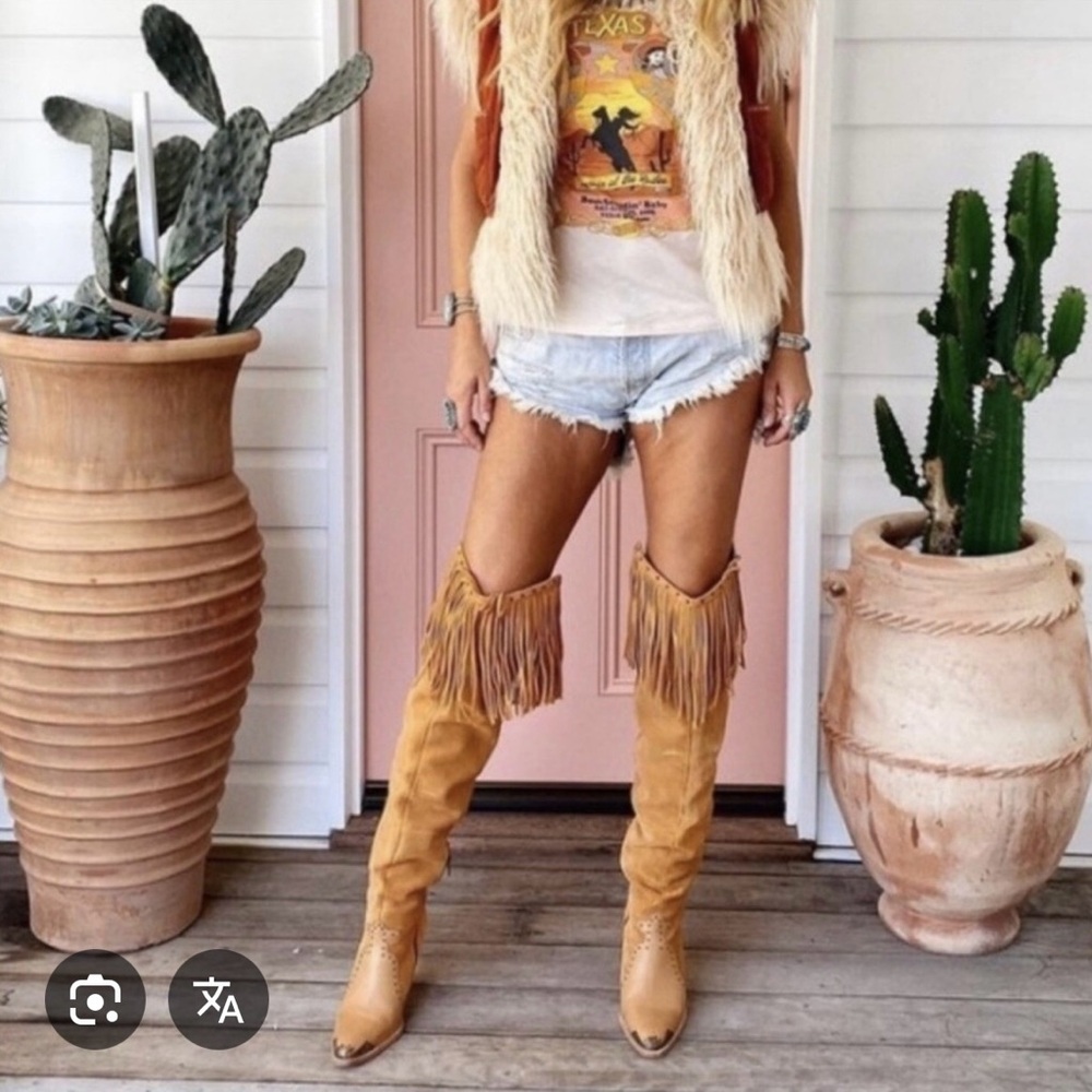 Fringe Tan Knee-High Boots